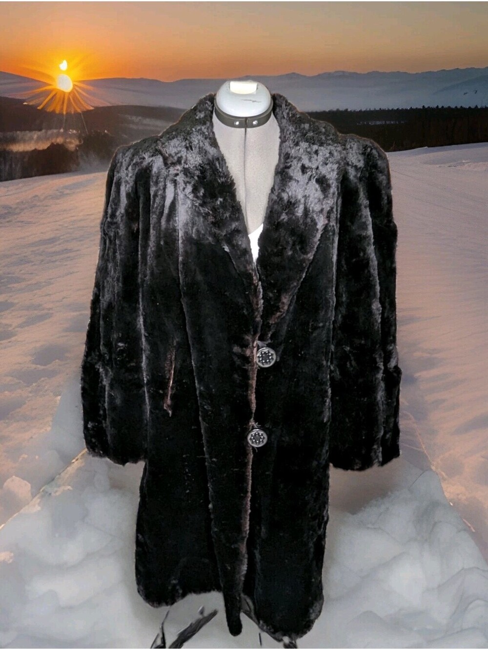 GORGEOUS BLACK REAL SHEARED MINK FUR COAT LONG SWINGER BEAUTIFUL WOMENS LARGE XL